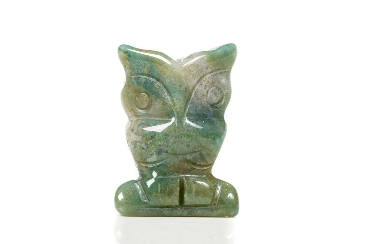green moss agate stone statue owl